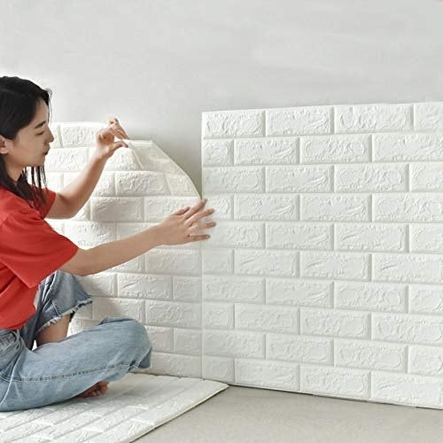 3D Wall Panel Sticker – 70x77cm (5.6 Sq.Ft) | White color Faux Brick Wallpaper | Waterproof Self-Adhesive Wall Decor for Bedroom, Living Room,                (Minimum 3 Sheet should be order for Delivery)